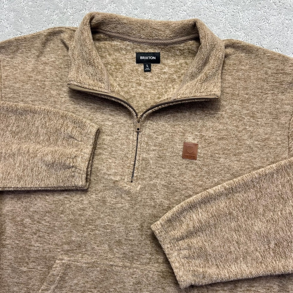 Brixton Fleece Pullover Mens Large Tan Brown 1/4 Zip Sweatshirt Adjustable Hem